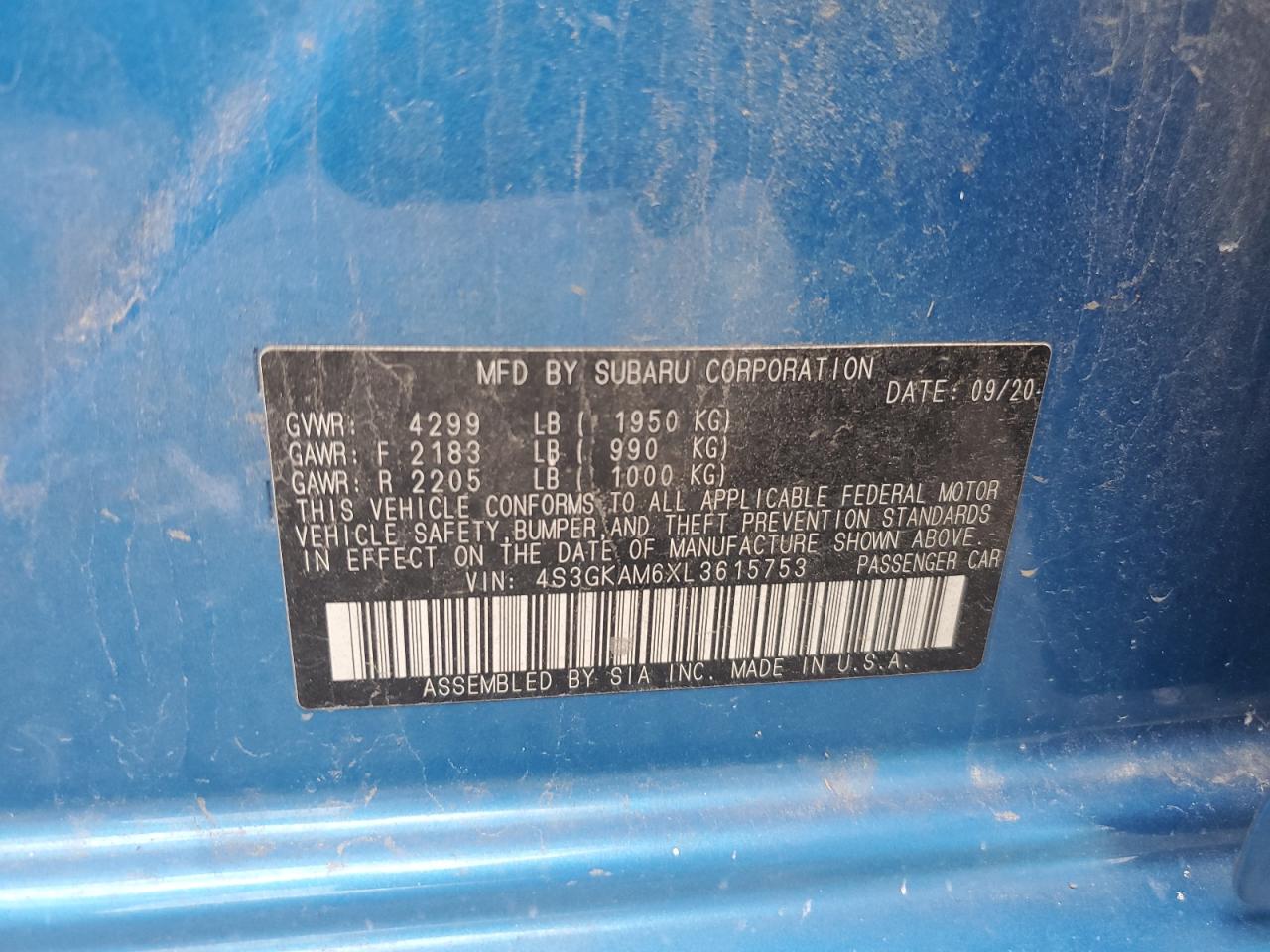 2020 Subaru Impreza Sport VIN: 4S3GKAM6XL3615753 Lot: 65355674