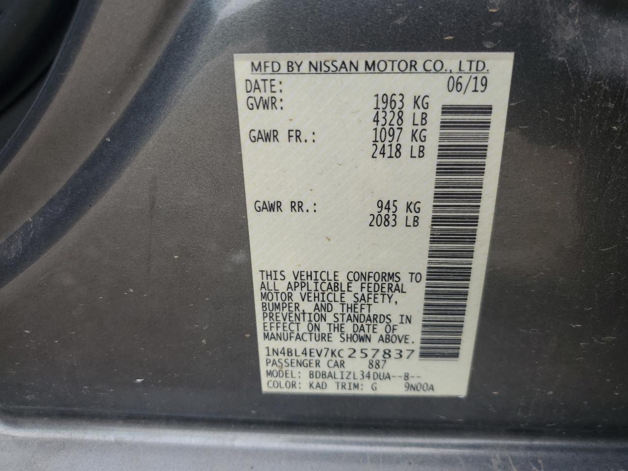 1N4BL4EV7KC257837 2019 Nissan Altima Sl