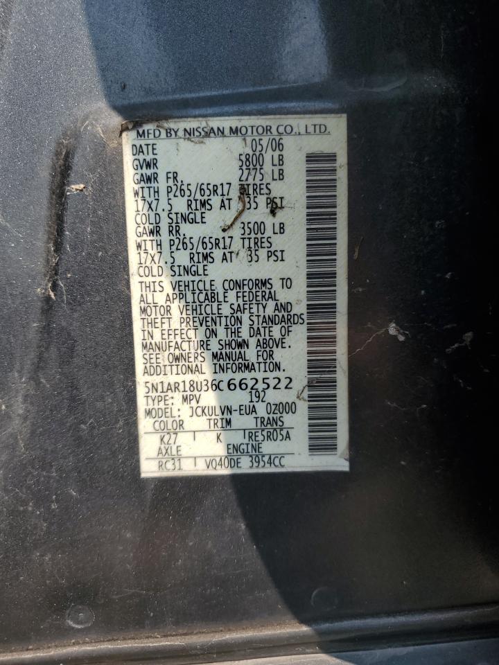 2006 Nissan Pathfinder Le VIN: 5N1AR18U36C662522 Lot: 67291204