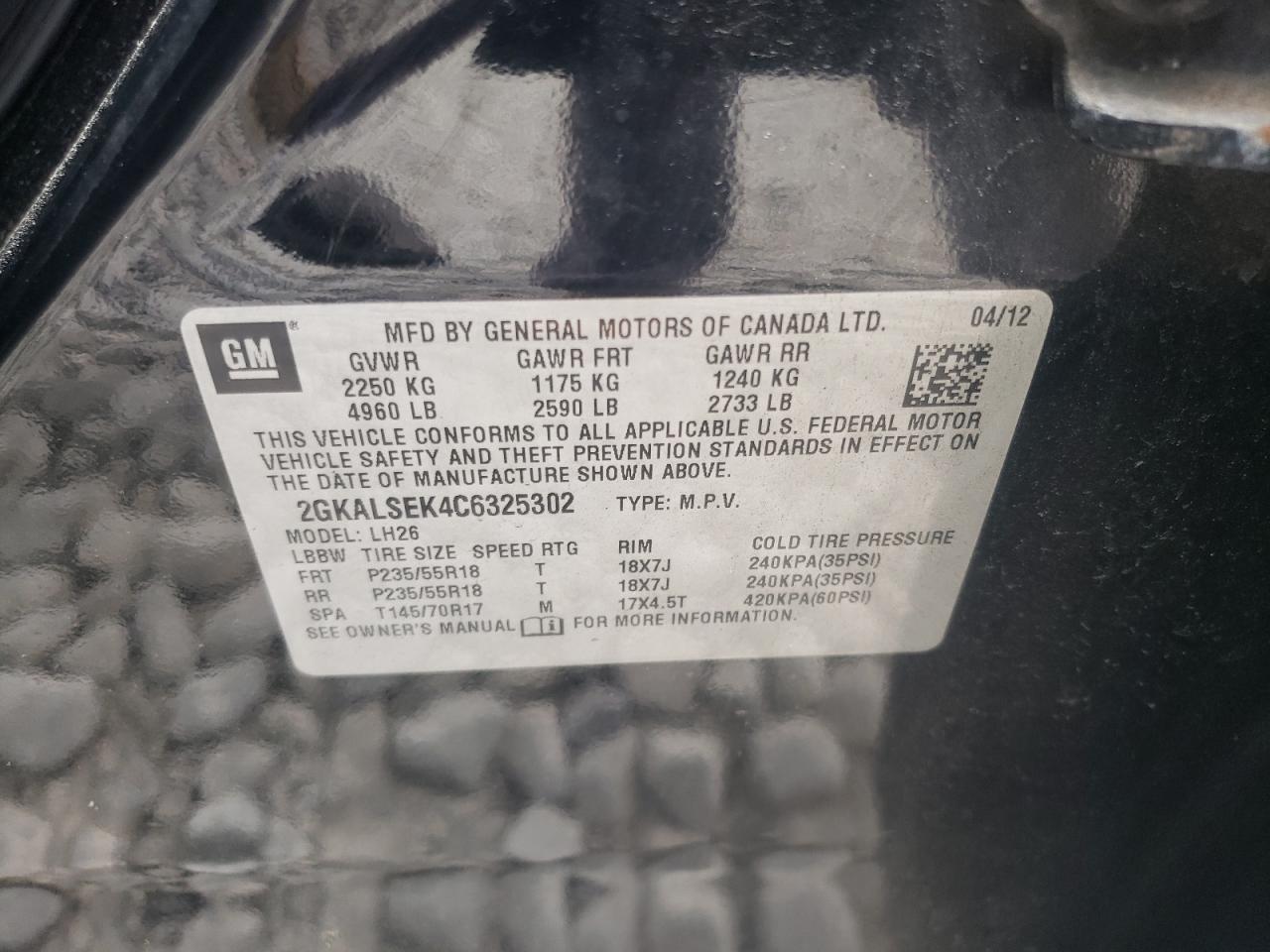 2012 GMC Terrain Sle VIN: 2GKALSEK4C6325302 Lot: 66072264