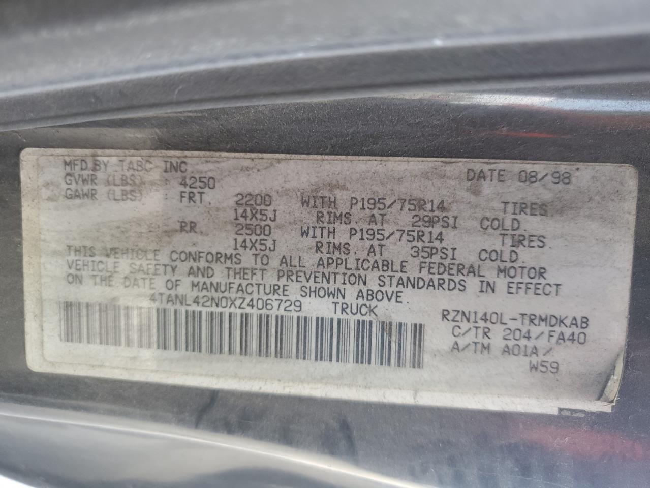 1999 Toyota Tacoma VIN: 4TANL42N0XZ406729 Lot: 66415884