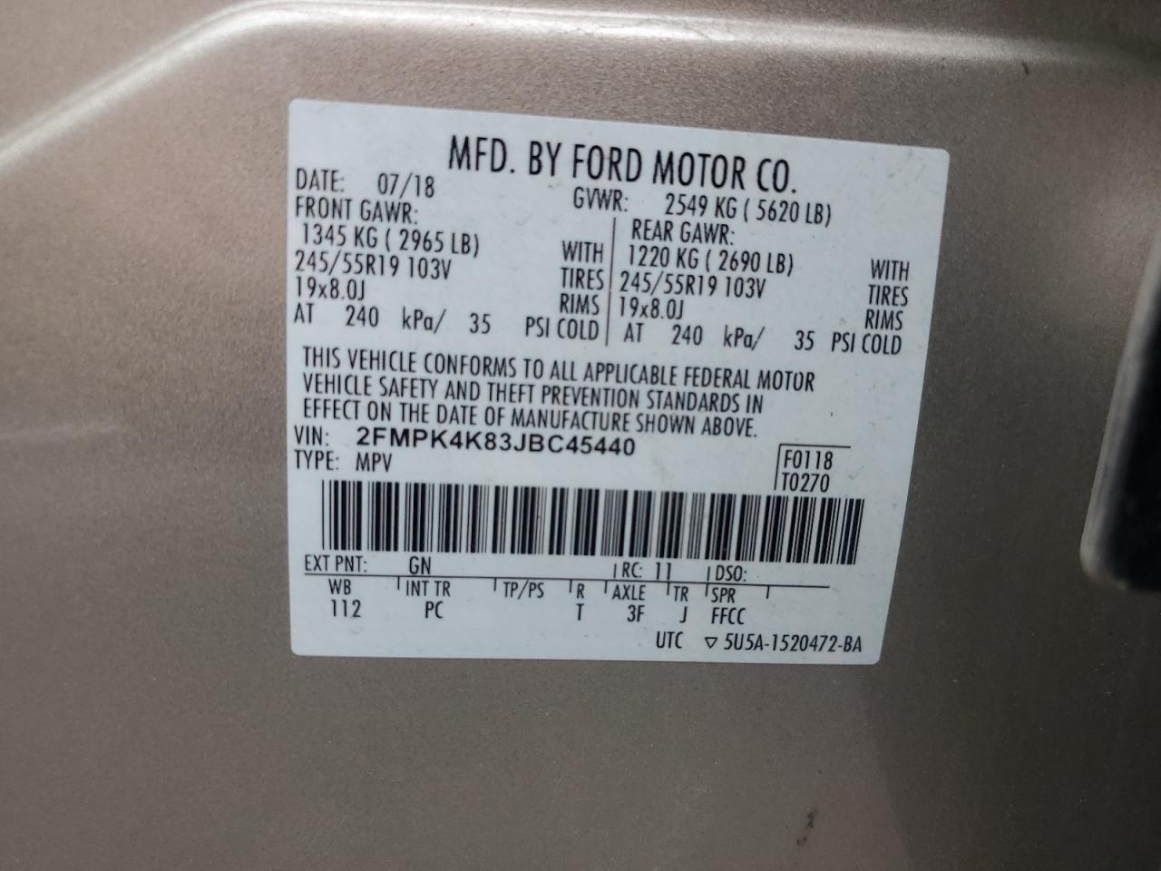 2018 Ford Edge Titanium VIN: 2FMPK4K83JBC45440 Lot: 66377854