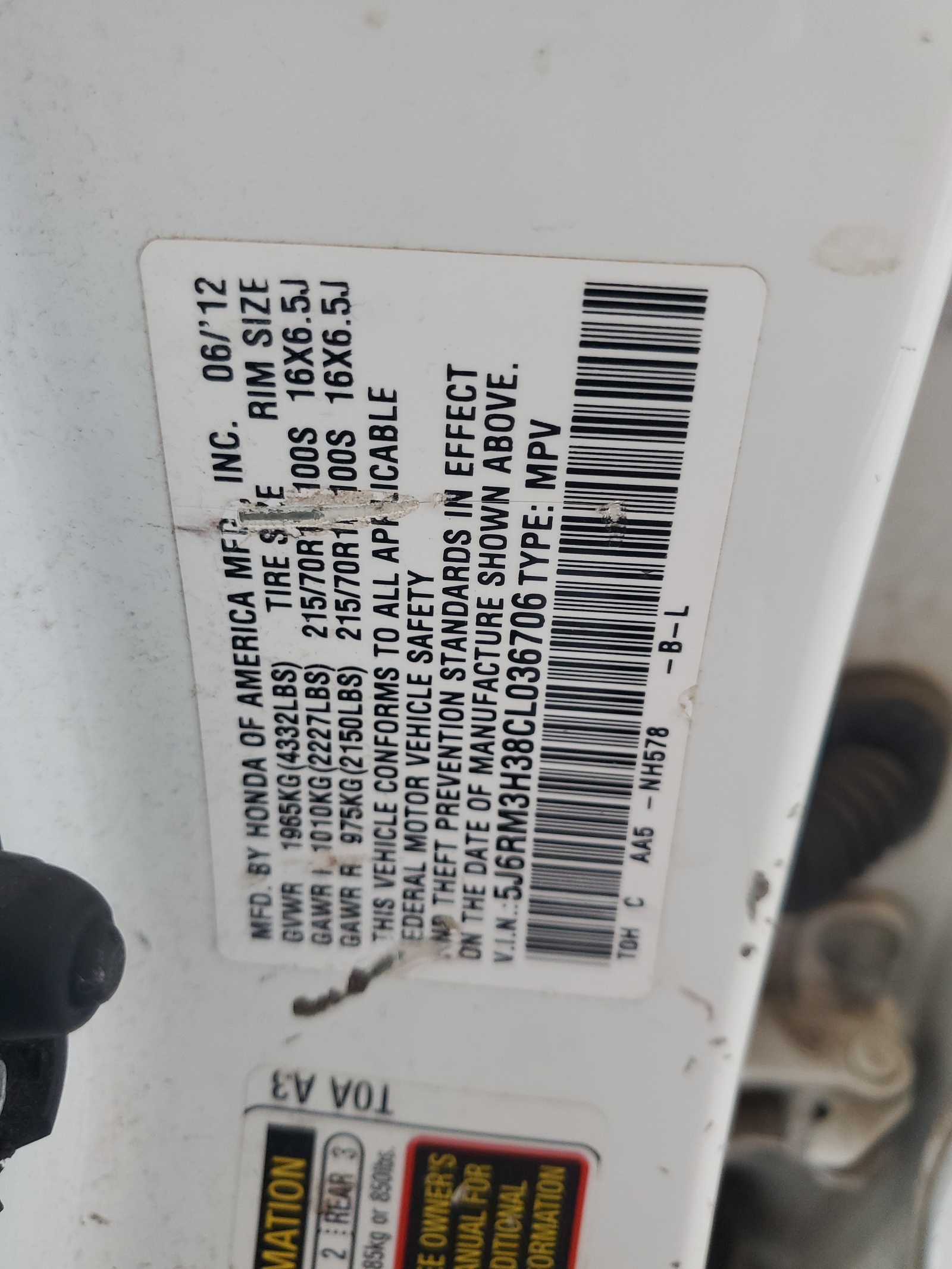 5J6RM3H38CL036706 2012 Honda Cr-V Lx