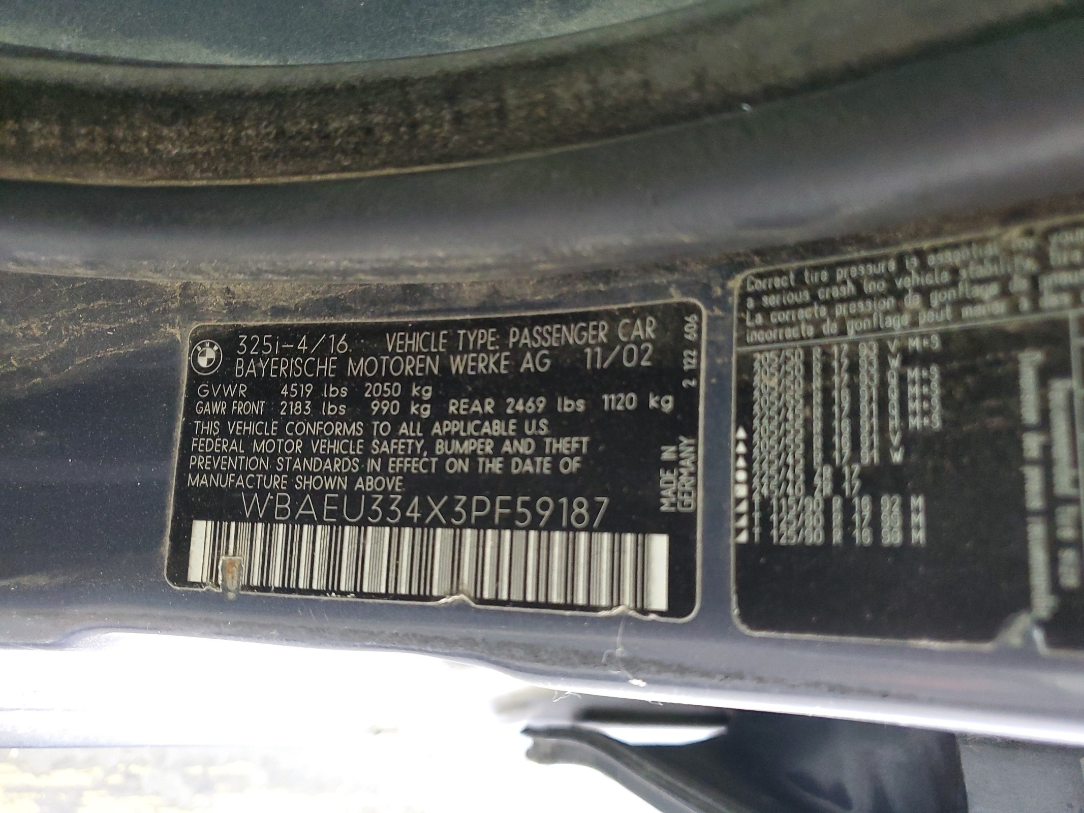 WBAEU334X3PF59187 2003 BMW 325 Xi