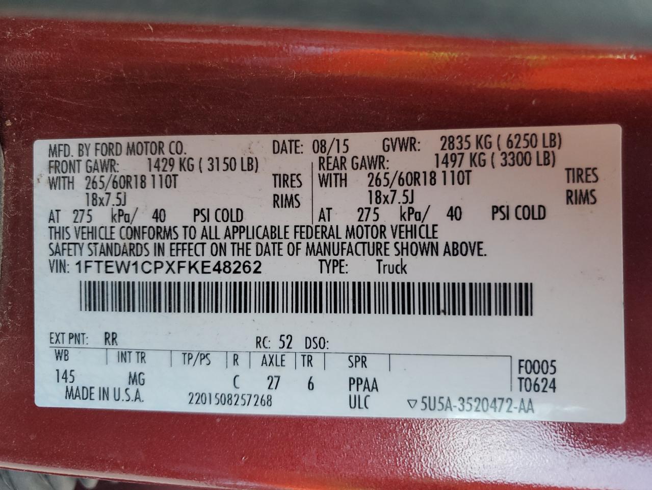 2015 Ford F150 Supercrew VIN: 1FTEW1CPXFKE48262 Lot: 66969544