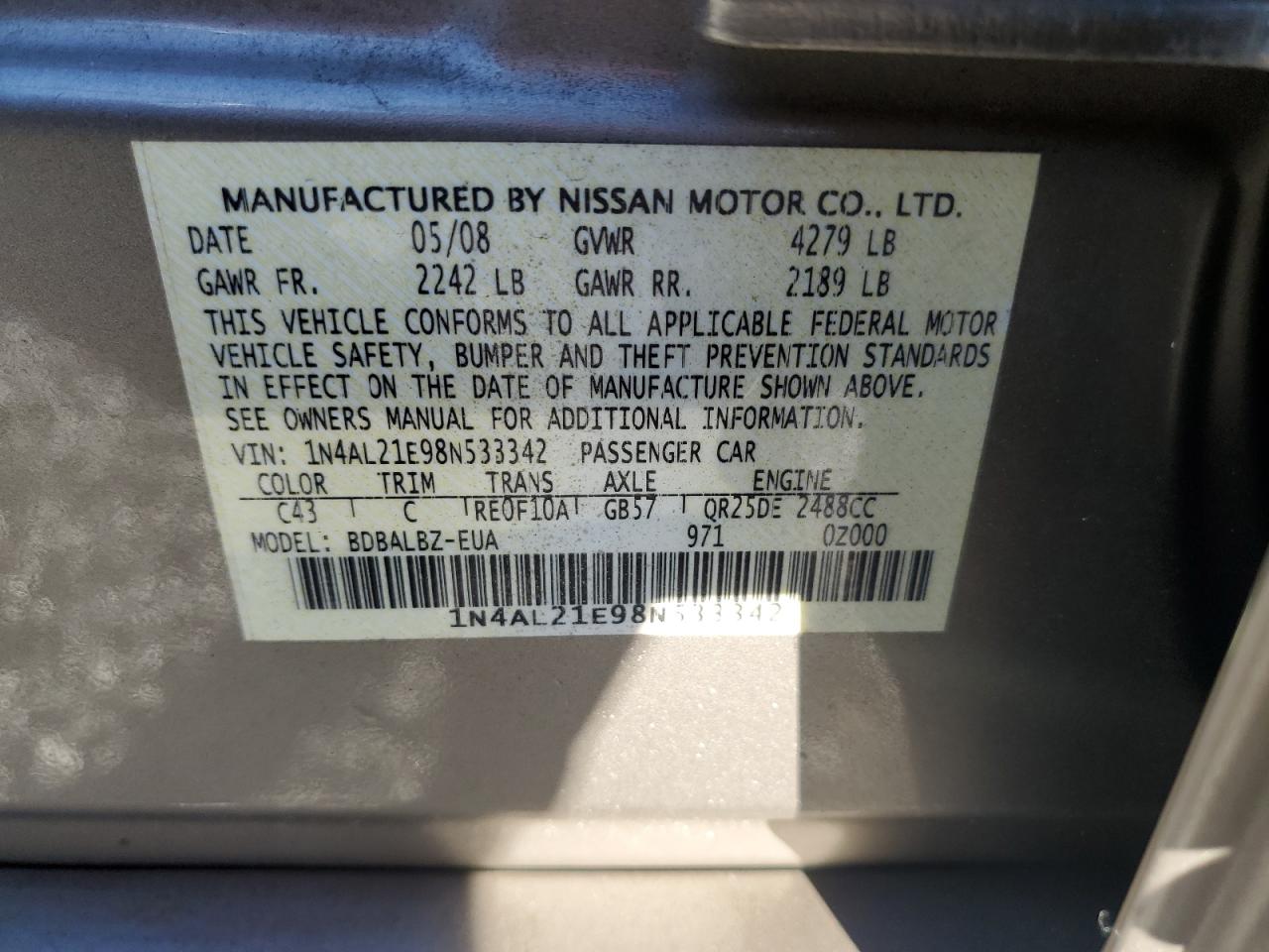 1N4AL21E98N533342 2008 Nissan Altima 2.5