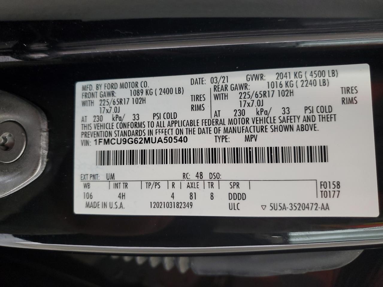 1FMCU9G62MUA50540 2021 Ford Escape Se