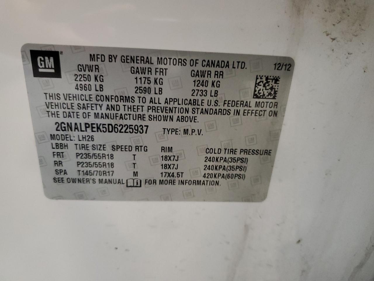 2GNALPEK5D6225937 2013 Chevrolet Equinox Lt