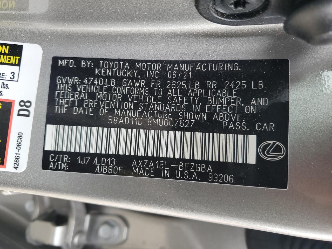 58AD11D18MU007627 2018 Lexus Es 250 Base