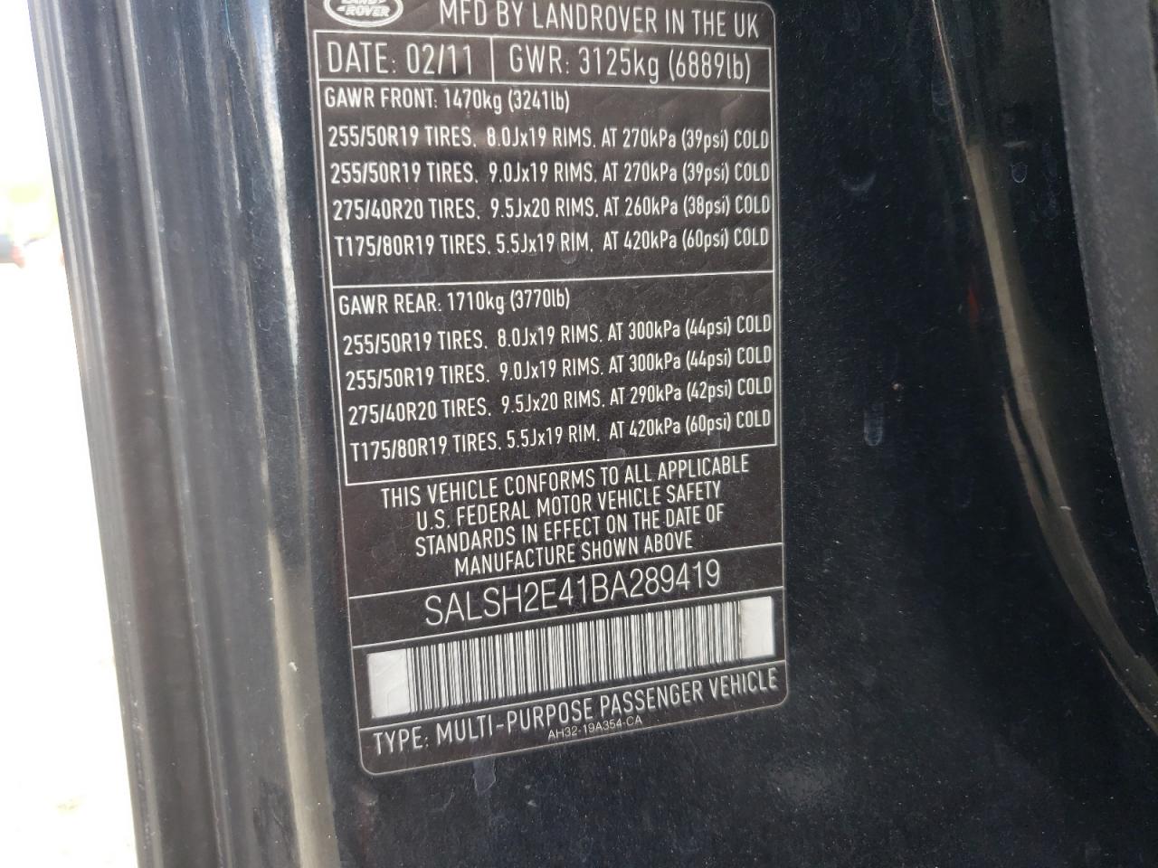 2011 Land Rover Range Rover Sport Sc VIN: SALSH2E41BA289419 Lot: 66206614