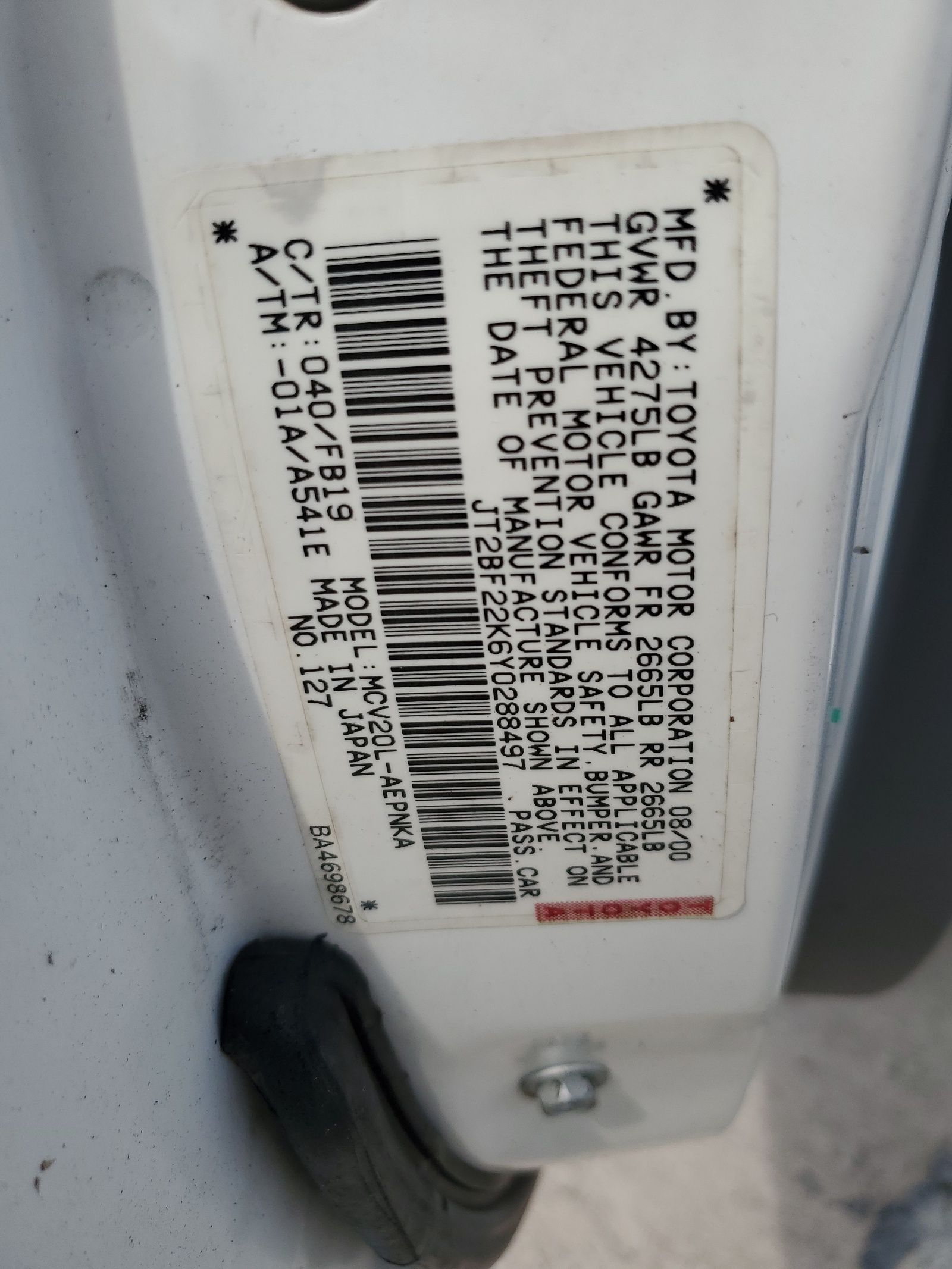 JT2BF22K6Y0288497 2000 Toyota Camry Ce