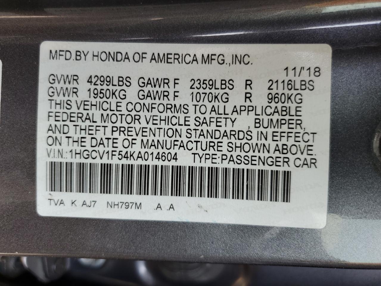 1HGCV1F54KA014604 2019 Honda Accord Exl