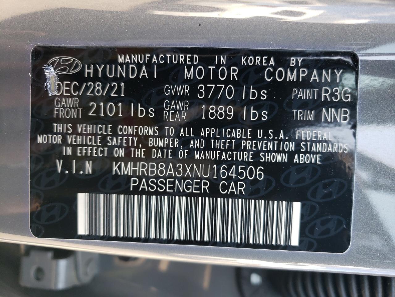 KMHRB8A3XNU164506 2022 Hyundai Venue Se