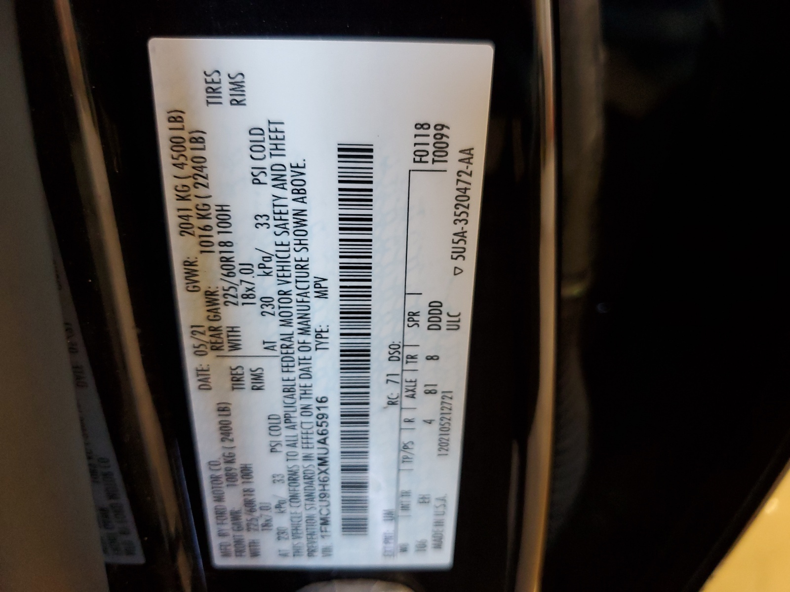 1FMCU9H6XMUA65916 2021 Ford Escape Sel