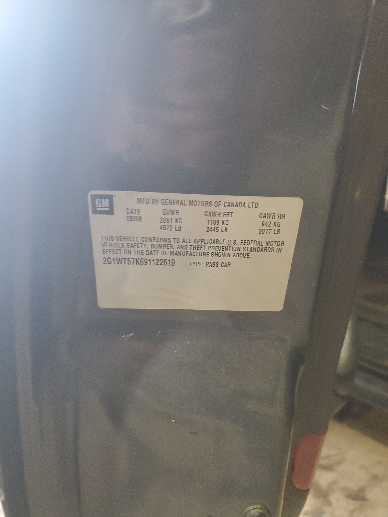 2G1WT57K691122619 2009 Chevrolet Impala 1Lt