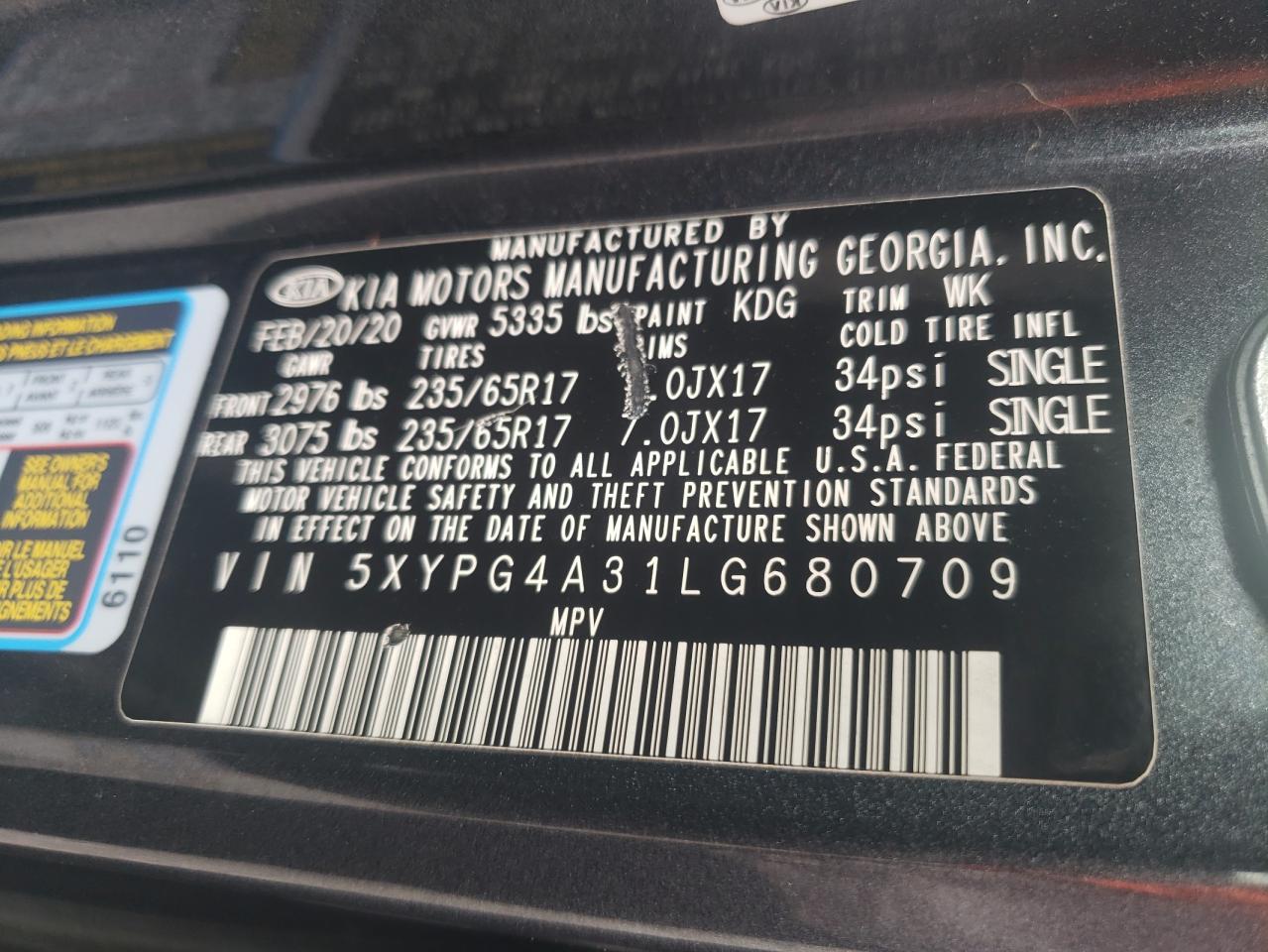 5XYPG4A31LG680709 2020 Kia Sorento L