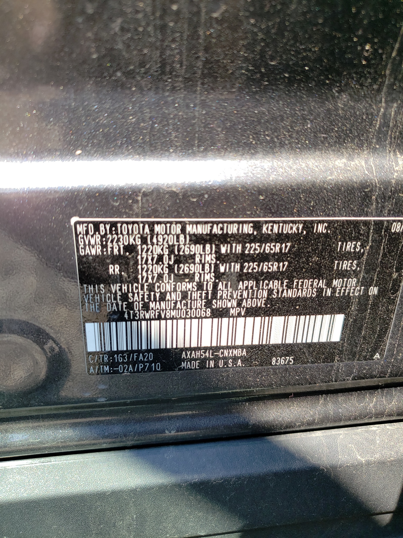 4T3RWRFV8MU030068 2021 Toyota Rav4 Xle