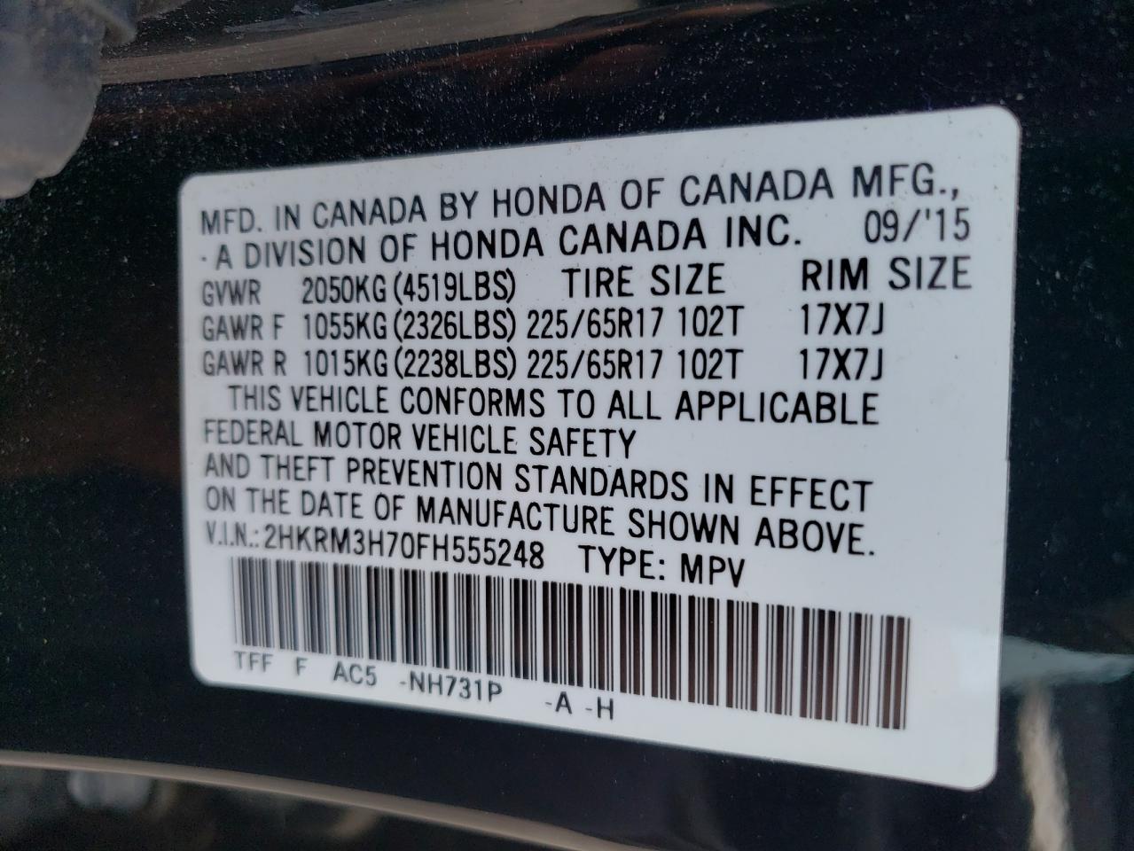 2015 Honda Cr-V Exl VIN: 2HKRM3H70FH555248 Lot: 66875264