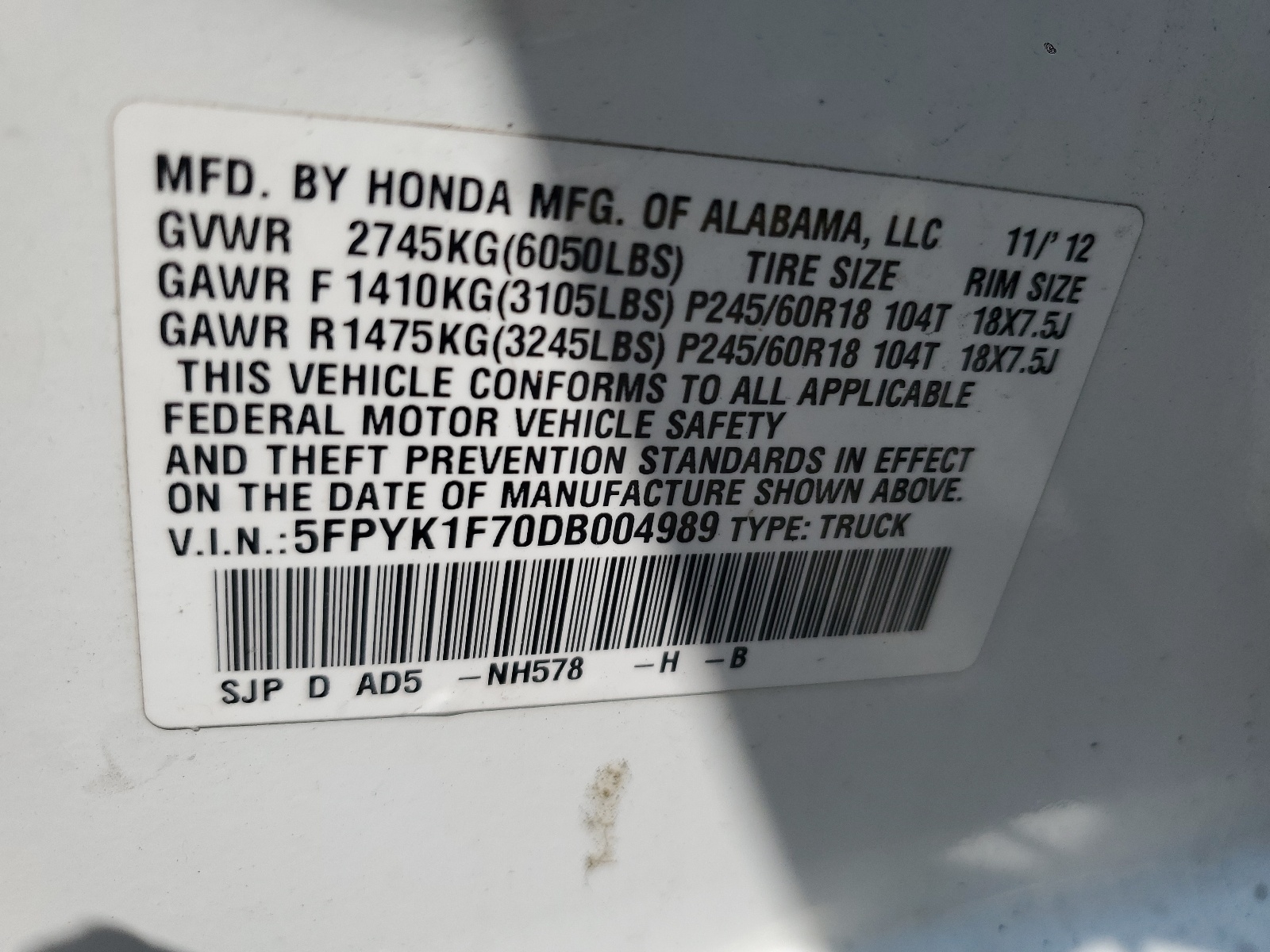 5FPYK1F70DB004989 2013 Honda Ridgeline Sport