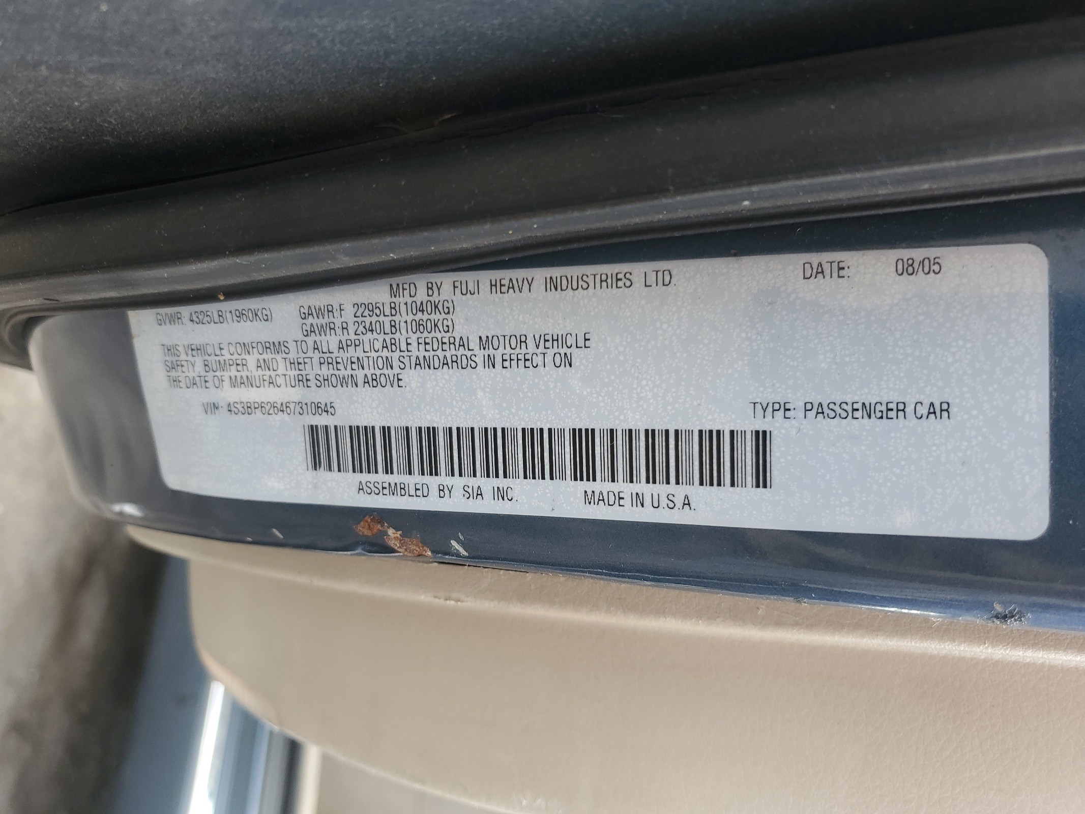 4S3BP626467310645 2006 Subaru Legacy 2.5I Limited