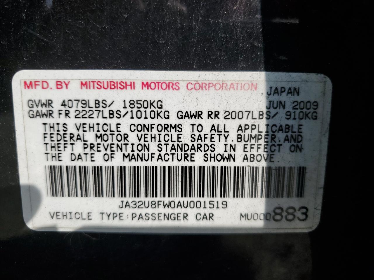 2010 Mitsubishi Lancer Gts VIN: JA32U8FW0AU001519 Lot: 67464564