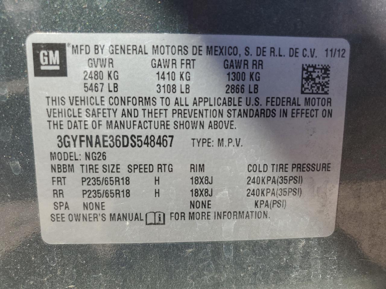 2013 Cadillac Srx VIN: 3GYFNAE36DS548467 Lot: 65588584