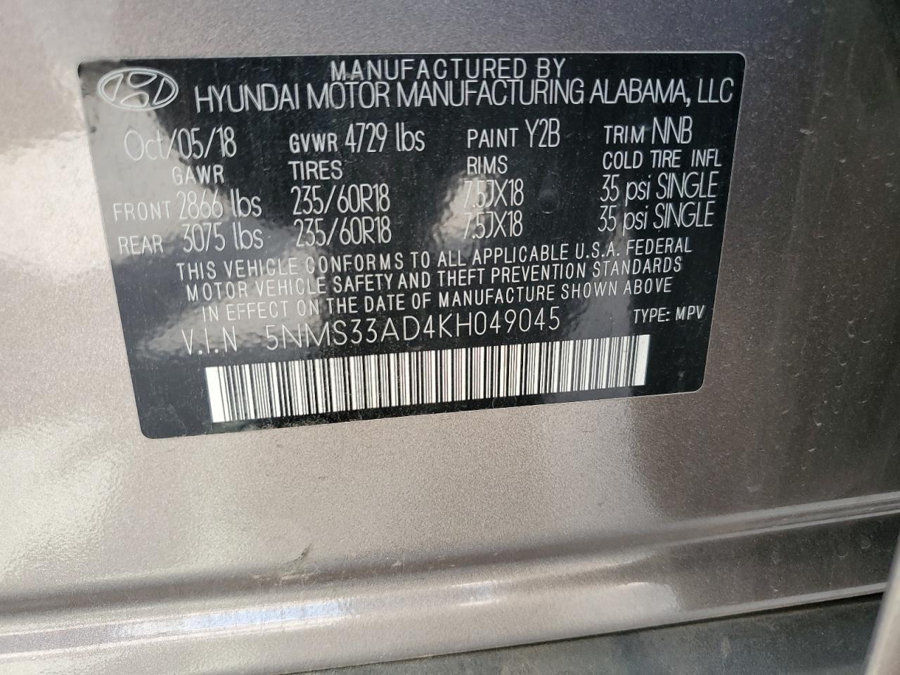 5NMS33AD4KH049045 2019 Hyundai Santa Fe Sel