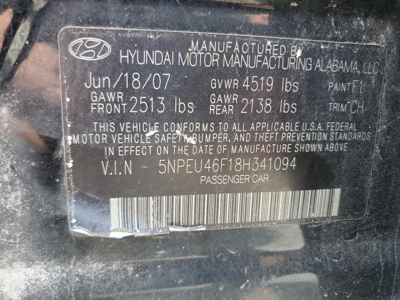 2008 Hyundai Sonata Se VIN: 5NPEU46F18H341094 Lot: 65321874