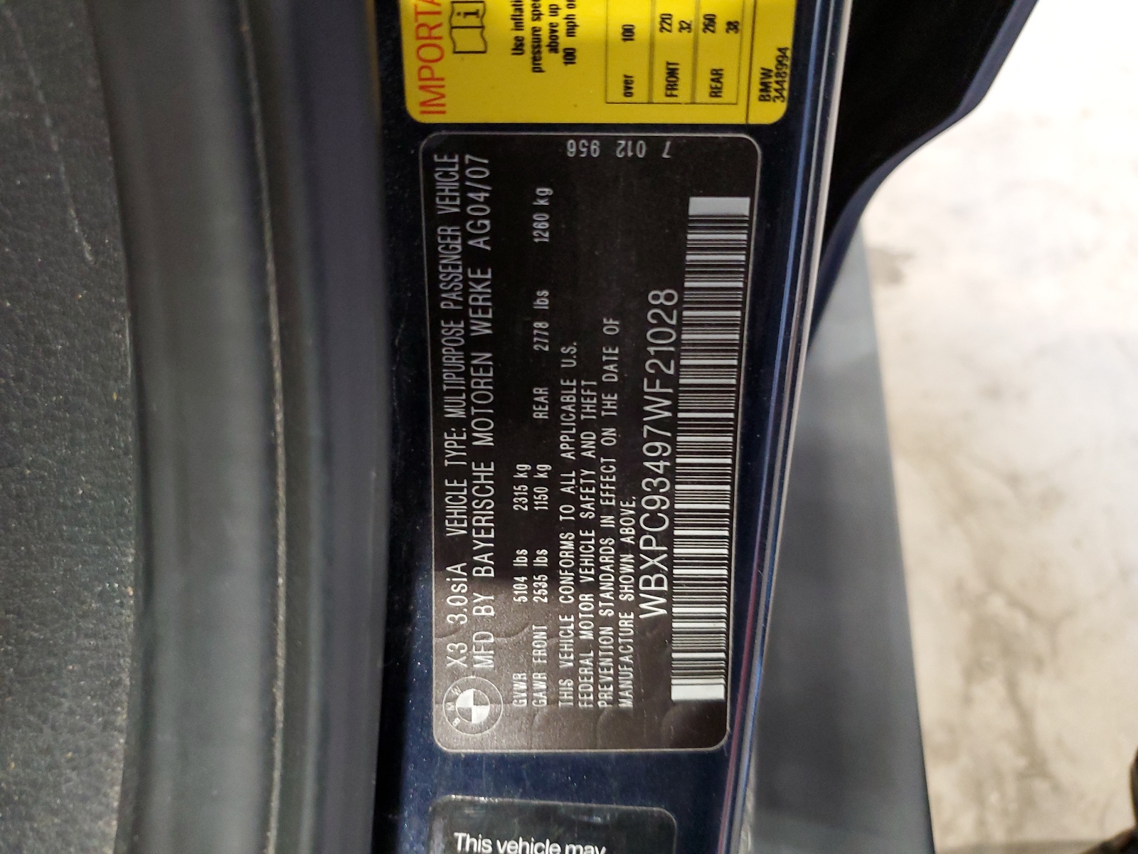 WBXPC93497WF21028 2007 BMW X3 3.0Si