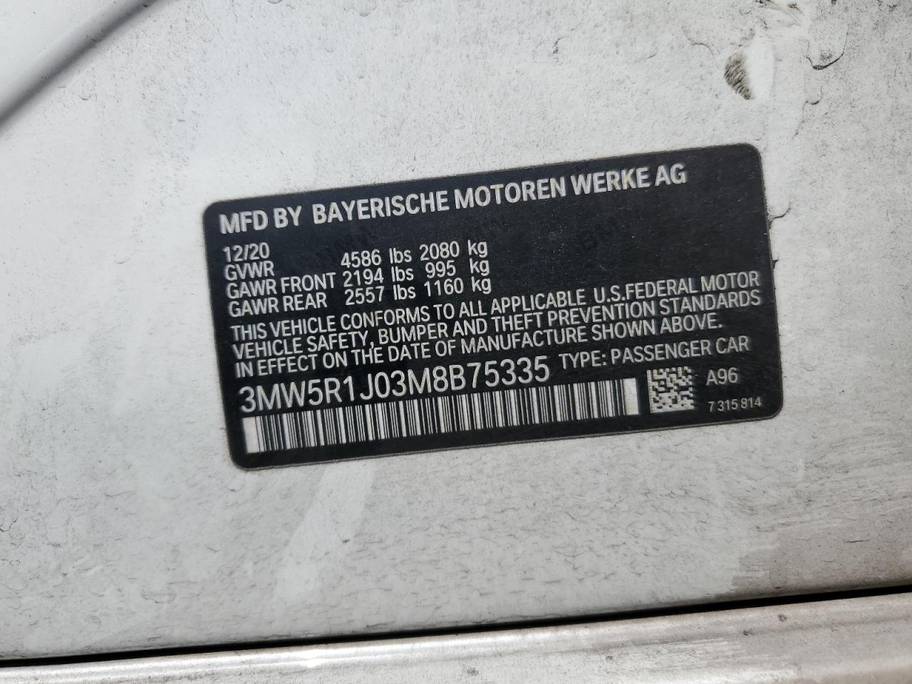 3MW5R1J03M8B75335 2021 BMW 330I