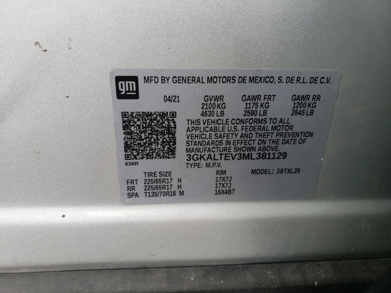 2021 GMC Terrain Sle VIN: 3GKALTEV3ML381129 Lot: 68036584