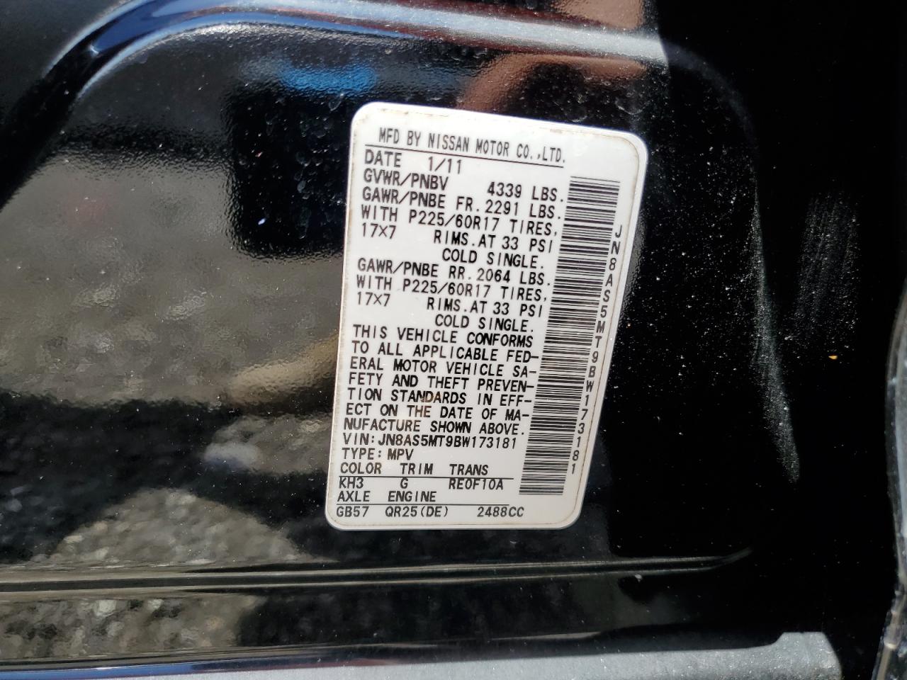 2011 Nissan Rogue S VIN: JN8AS5MT9BW173181 Lot: 66519524