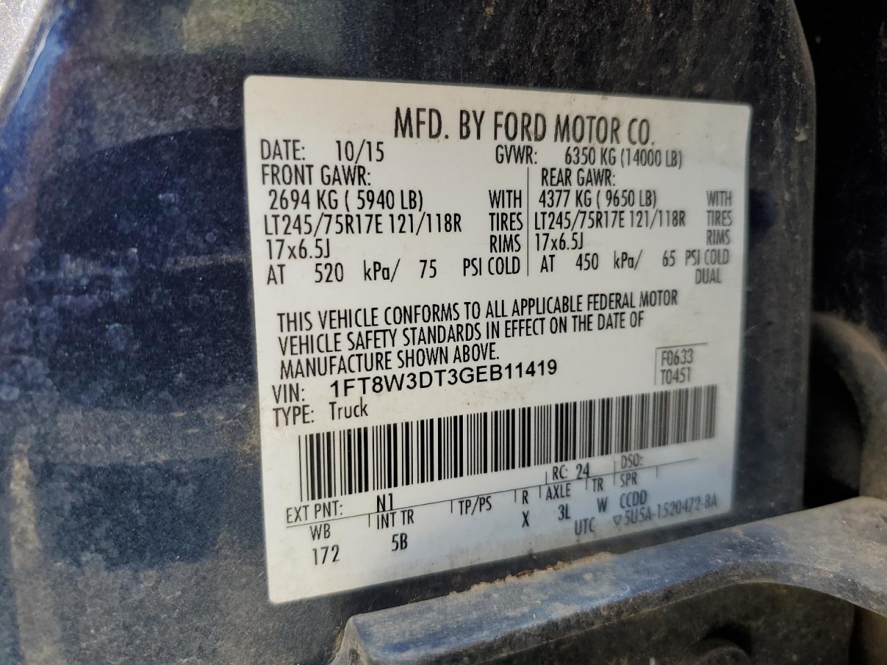 2016 Ford F350 Super Duty VIN: 1FT8W3DT3GEB11419 Lot: 67293294