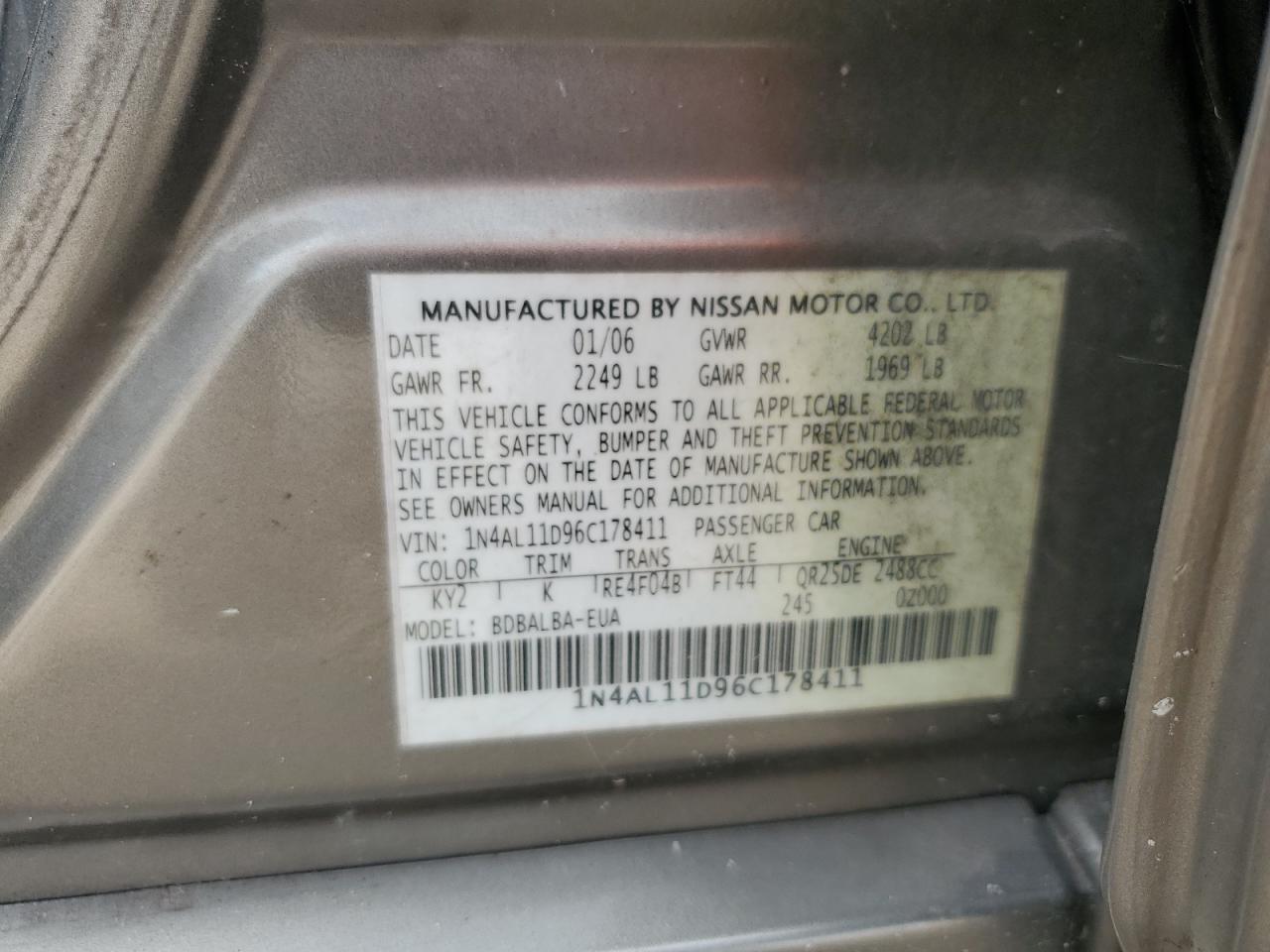 1N4AL11D96C178411 2006 Nissan Altima S