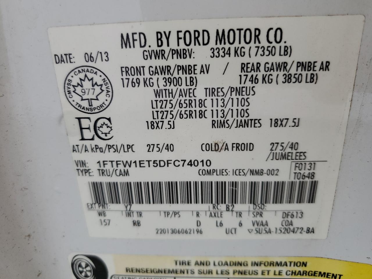 2013 Ford F150 Supercrew VIN: 1FTFW1ET5DFC74010 Lot: 66273734