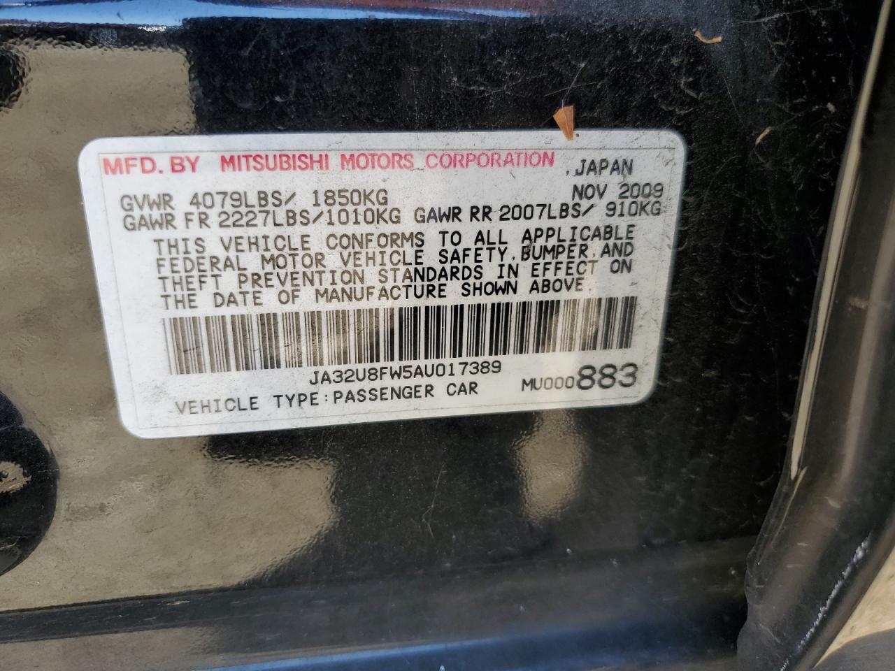 2010 Mitsubishi Lancer Gts VIN: JA32U8FW5AU017389 Lot: 69598854