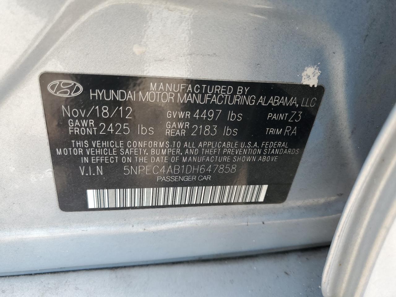 2013 Hyundai Sonata Se VIN: 5NPEC4AB1DH647858 Lot: 66365584