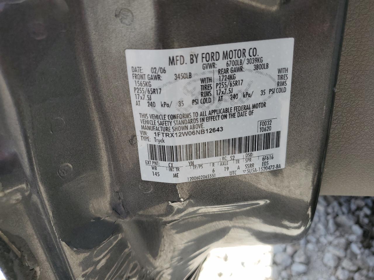 2006 Ford F150 VIN: 1FTRX12W06NB12643 Lot: 65375074