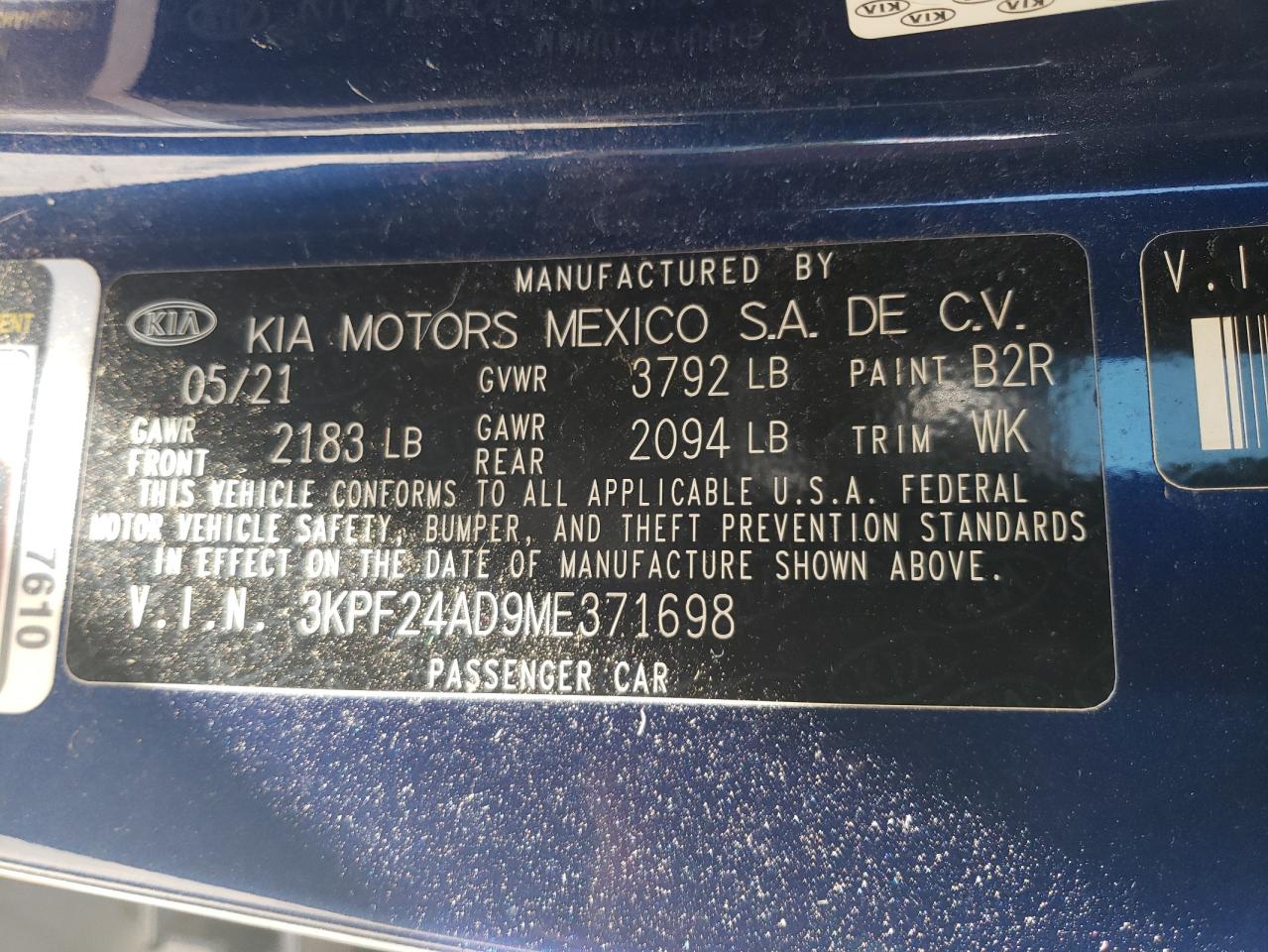 3KPF24AD9ME371698 2021 Kia Forte Fe