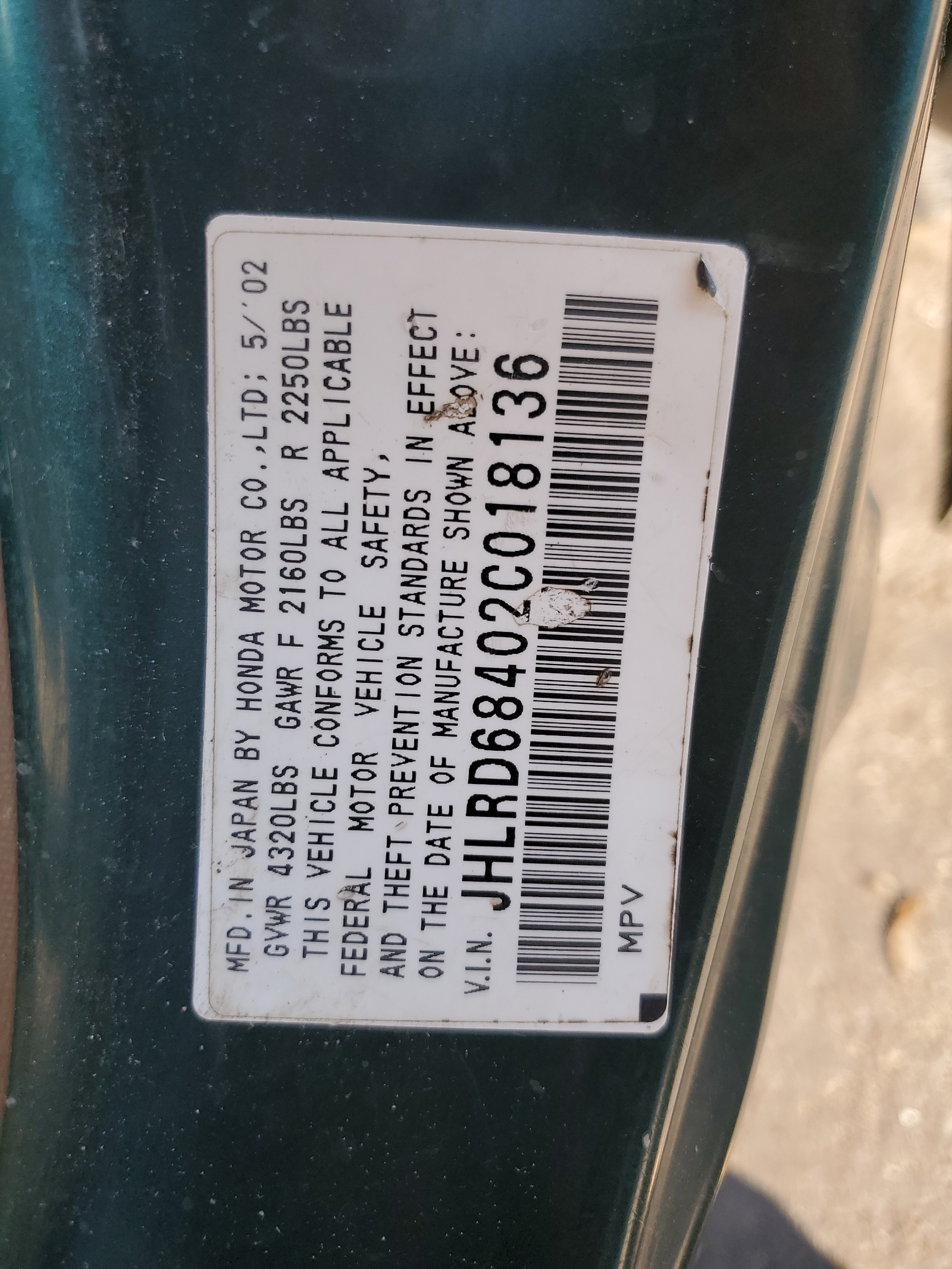 JHLRD68402C018136 2002 Honda Cr-V Lx