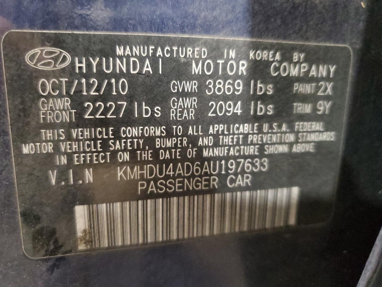 2010 Hyundai Elantra Blue VIN: KMHDU4AD6AU197633 Lot: 66010644