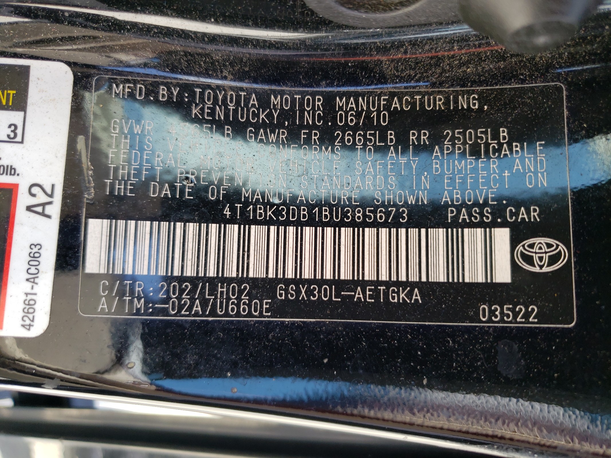 4T1BK3DB1BU385673 2011 Toyota Avalon Base