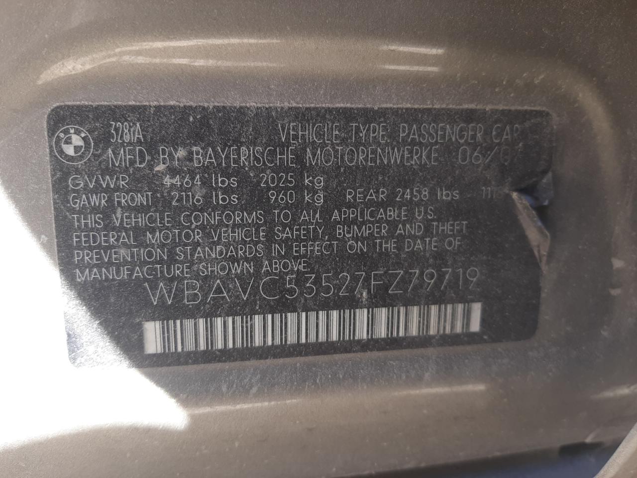 2007 BMW 328 I Sulev VIN: WBAVC53527FZ79719 Lot: 59626234