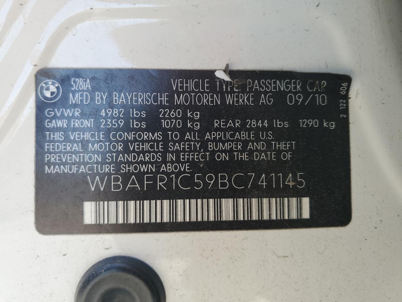 2011 BMW 528 I VIN: WBAFR1C59BC741145 Lot: 69434104