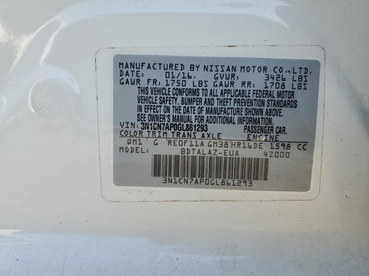 3N1CN7AP0GL861293 2016 Nissan Versa S