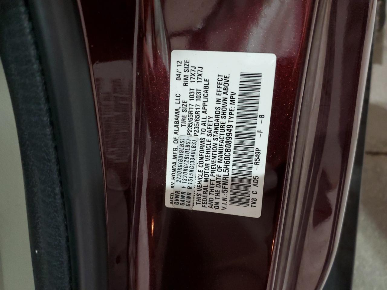 5FNRL5H60CB089949 2012 Honda Odyssey Exl