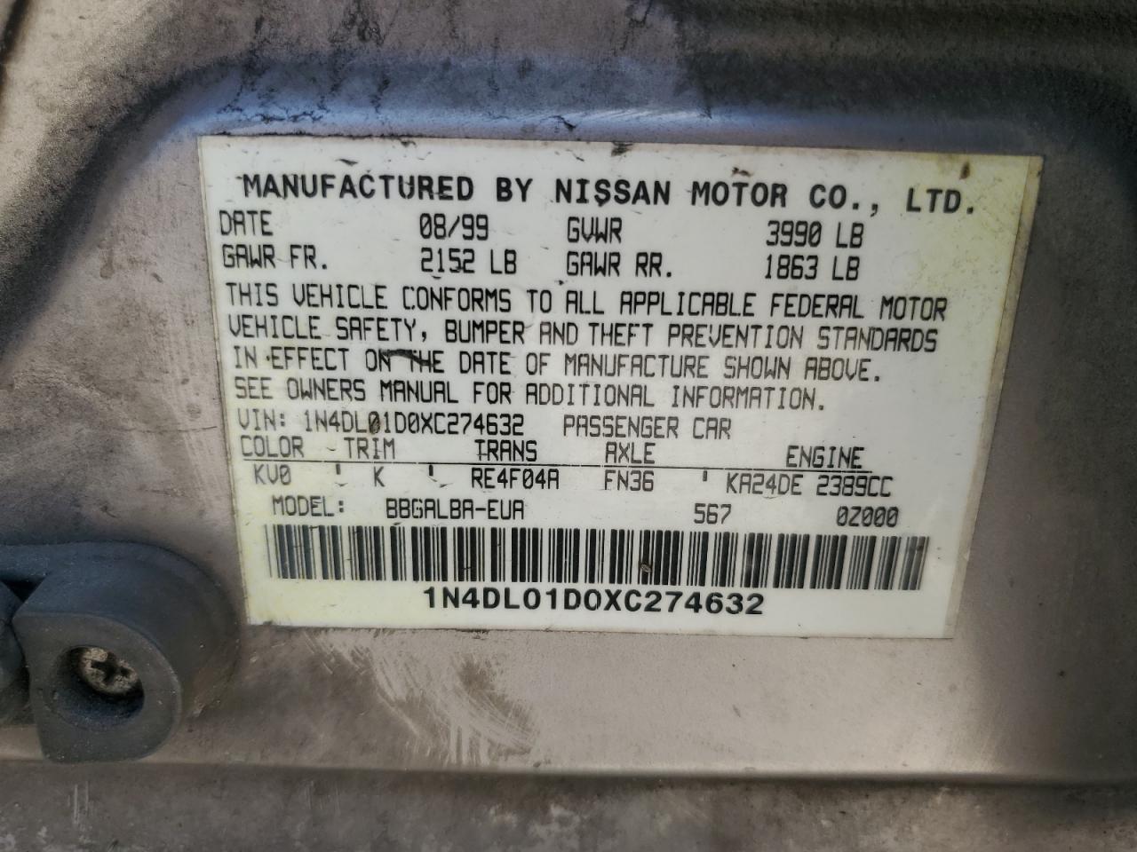 1N4DL01D0XC274632 1999 Nissan Altima Xe