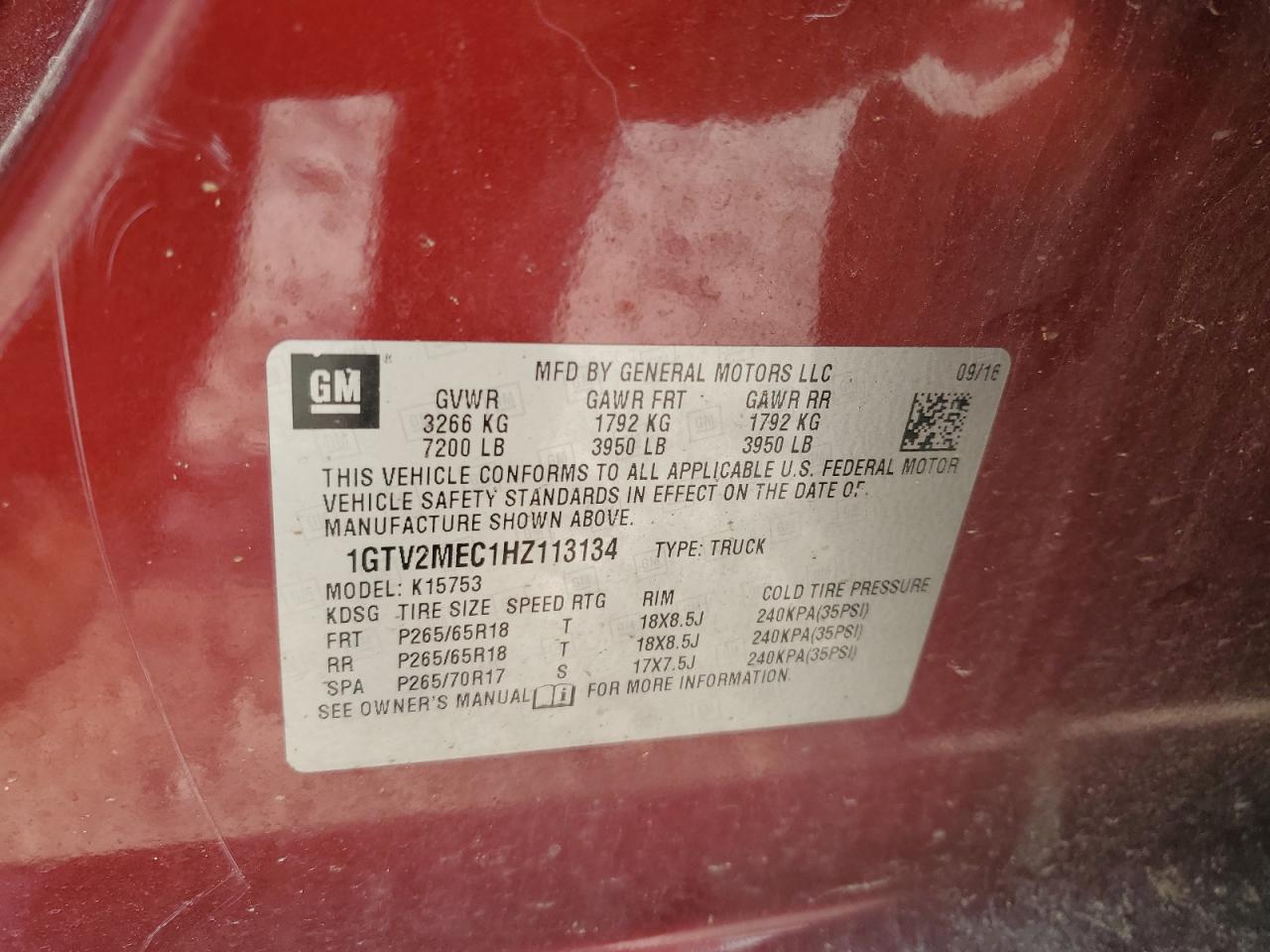 1GTV2MEC1HZ113134 2017 GMC Sierra K1500 Sle