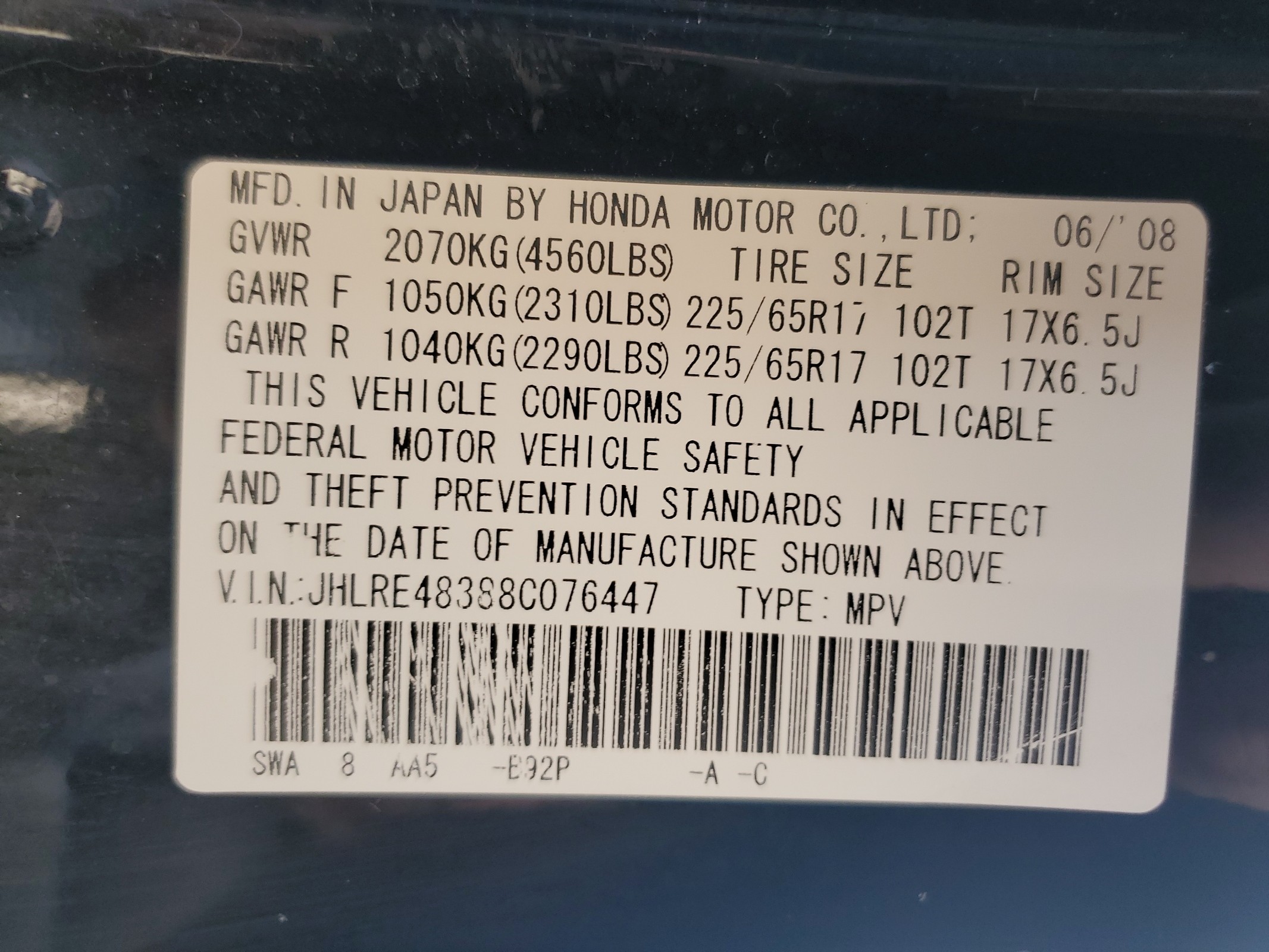 JHLRE48388C076447 2008 Honda Cr-V Lx JHLRE48388C076447 2008 Honda Cr-V Lx