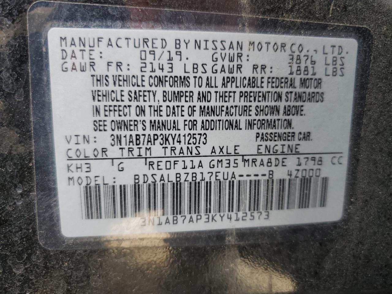 3N1AB7AP3KY412573 2019 Nissan Sentra S